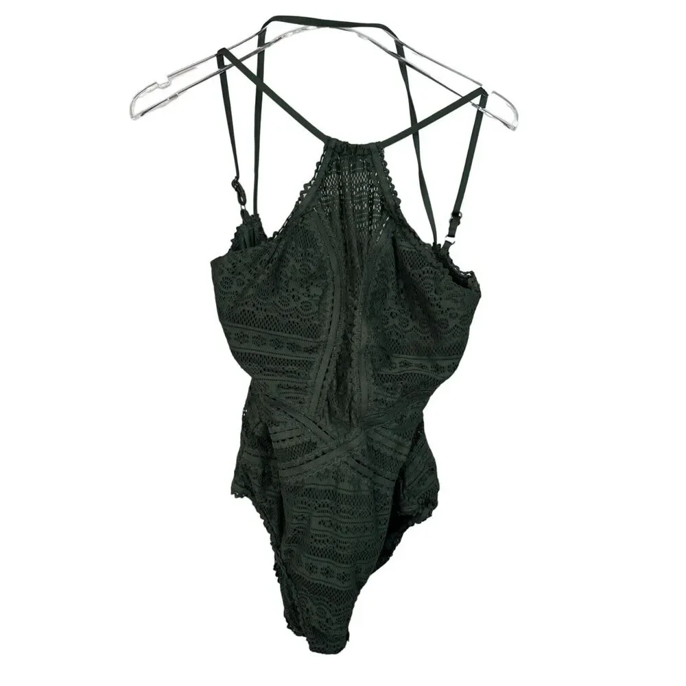 Beca Crochet Lace One Piece Swimsuit Deep Army Military Green M‎ Boho